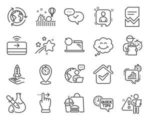 Technology icons set. Included icon as Smile, Statistics timer, Contactless payment signs. Roller coaster, Touchscreen gesture, Timer symbols. Approved, Outsourcing, Developers chat. Vector