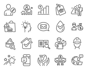 Business icons set. Included icon as Idea, Foreman, Sharing economy signs. Messenger, Dermatologically tested, Graph chart symbols. Collagen skin, Search text, Career ladder. Coffee, Smile. Vector