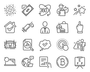 Business icons set. Included icon as Full rotation, Analytics graph, Arena stadium signs. Accepted payment, Human, Click hand symbols. Fireworks explosion, Middle finger, Vision board. Vector