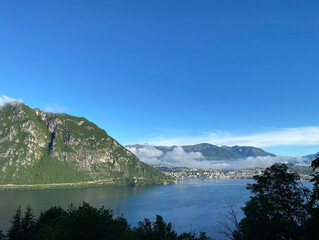 Fototapeta na wymiar View from the Campione di Italy mountain. View of Mount San Salvatore, Lake Lugano. Switzerland