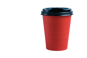 Red paper cup with plastic lid on a white background, copy space from left