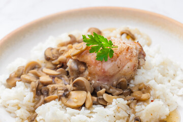 grilled chicken meat with mushroom sauce and rice
