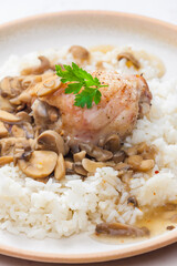 grilled chicken meat with mushroom sauce and rice