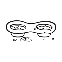 Double pet bowl with feed and water in doodle style. Cat or Dog bowl line icon. Pet's food symbol. Editable stroke. Vector illustration.