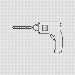 Portable electric hand drill sketch drawing with bit. Power drill icon. Line and outline vector cartoon clipart on transparent background.