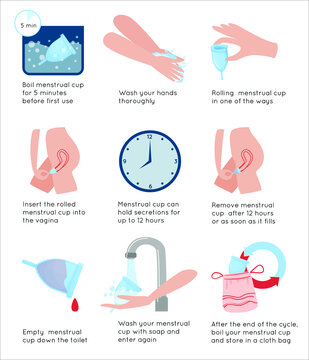 Instructions for using the menstrual cup for a woman during her period. How to insert a cup into a woman's body, how to use it. Vector illustration in a flat style.