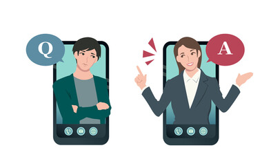 スマートフォン・悩む男性と説明するスーツ姿の女性　質問と答え　人物ベクターイラスト