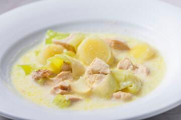 creamy leek soup with chicken meat