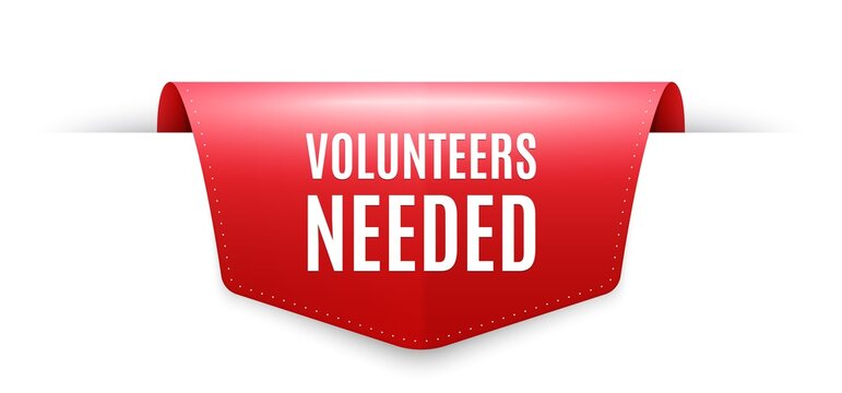 Volunteers needed. Ribbon label tag. Volunteering service sign. Charity work symbol. Infographics price tag banner. Volunteers needed badge shape. Website ribbon label banner. Vector
