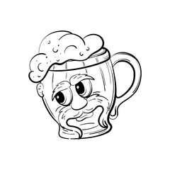 Beer mug, character in the style of a sketch. He looks sternly from under his thick eyebrows. The vector is isolated on a white background.