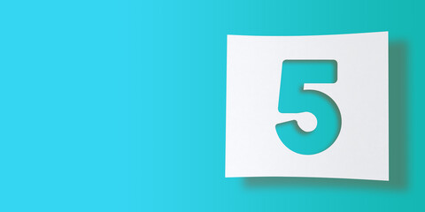 3D render numbers collection: No. 5, five, cut out on white square paper on turquoise background. Smooth drop shadow and large copy space. Illustration design in numeric typography. Basic shape