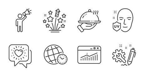 Time zone, Restaurant food and Website statistics line icons set. Fireworks stars, Friends chat and Uv protection signs. Brand ambassador, Engineering symbols. Quality line icons. Vector