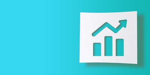 3D rendered icon concept: Isolated growth chart symbol with arrow. Cut out on white square paper. Turquoise blue background with large copy space. Illustrated graphic design