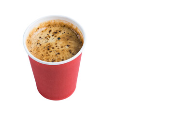Coffee to go in a paper red glass without a lid isolate on a white background close-up view from the top, copy space from the right