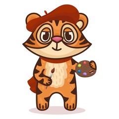 Tiger artist cartoon character. Vector illustration for children products