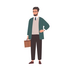 Portrait of happy smiling businessman holding briefcase. Confident office worker or business manager with suitcase. Colored flat vector illustration of young modern man isolated on white background