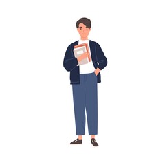 Young college student standing with books. Schoolboy holding textbooks in hand. Portrait of smiling teenager. Colored flat vector illustration of smart man isolated on white background