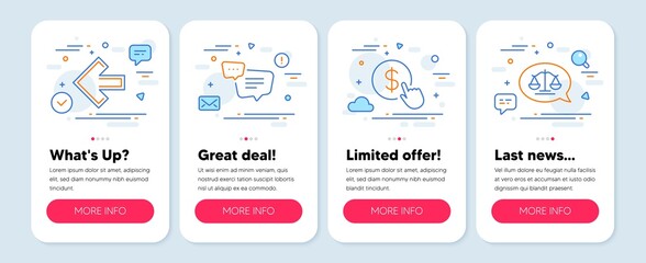 Set of Business icons, such as Text message, Buy currency, Left arrow symbols. Mobile screen app banners. Justice scales line icons. Chat bubble, Money exchange, Direction arrow. Vector