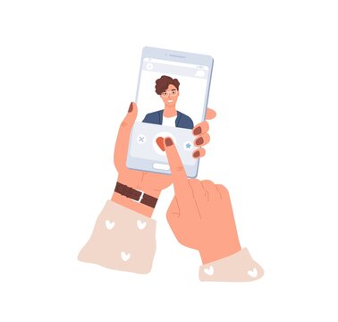 Female hands holding mobile phone and liking man's photo in dating app. Smartphone screen with application for online love dates. Colored flat vector illustration isolated on white background