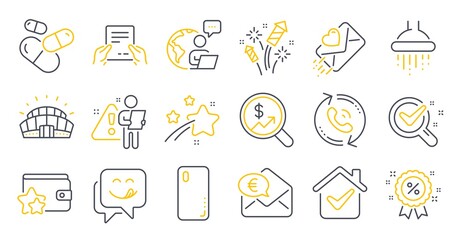 Set of Business icons, such as Chemistry lab, Euro money, Receive file symbols. Currency audit, Fireworks rocket, Call center signs. Love letter, Shower, Discount. Smartphone cover. Vector