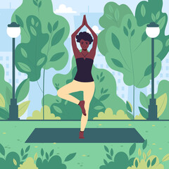 Young African American woman practices yoga in a city park outdoors. The girl meditates in nature. Flat vector illustration