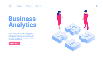 A man and a woman are standing around the pieces of the puzzle with different currencies. Landing page or web banner. Concept of business solutions, teamwork. Vector illustration in isometric style.