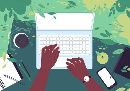 Hands of an African American man behind a laptop. Top view. Freelancer works outdoors in a park in spring. Flat vector illustration