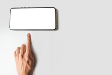 Woman hand holds smart phone with white screen. Hand showing new smart phone with blank screen....