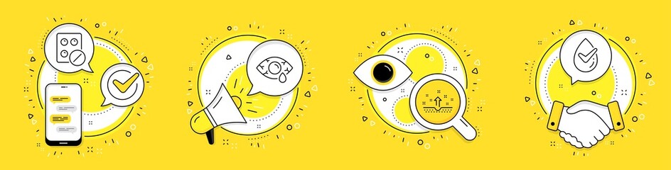 Medical tablet, Clean skin and Conjunctivitis eye line icons set. Cell phone, megaphone and deal vector icons. Dermatologically tested sign. Medicine pill, Cosmetics, Optometry clinic. Vector