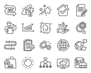 Science icons set. Included icon as Restructuring, Head, Medical prescription signs. Globe, Sun energy, Coronavirus research symbols. 360 degree, Organic product, Methodology. Vacancy. Vector