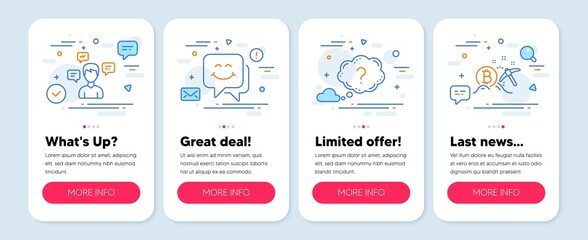 Set of Technology icons, such as Conversation messages, Question mark, Smile face symbols. Mobile screen banners. Bitcoin mining line icons. Communication, Quiz chat, Chat. Vector