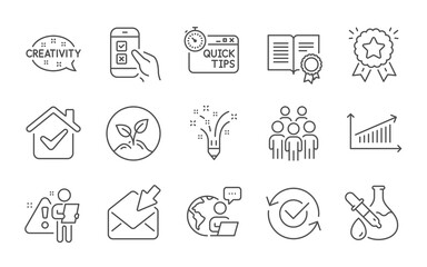 Mobile survey, Ranking star and Diploma line icons set. Quick tips, Chemistry experiment and Approved signs. Chart, Inspiration and Startup symbols. Creativity, Open mail and Group people. Vector