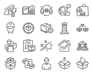 Industrial icons set. Included icon as Foreman, Engineering team, Instruction info signs. Delivery timer, Lighthouse, Parcel shipping symbols. Parcel tracking, Court building, Send box. Vector
