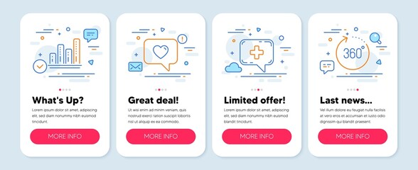 Set of Technology icons, such as Medical chat, Love message, Graph chart symbols. Mobile screen mockup banners. 360 degrees line icons. Medicine help, Dating service, Growth report. Vector