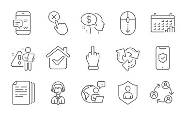 Calendar graph, Pay and Scroll down line icons set. Recycle, Phone protection and Reject click signs. Teamwork, Shipping support and Smartphone notification symbols. Line icons set. Vector