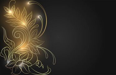 Luxurious abstract design. Golden glowing ornament on a dark background. 
