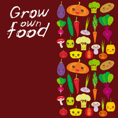 Grow own food. Kawaii vegetables bell peppers pumpkin beets carrots eggplant red hot peppers cauliflower broccoli potatoes mushrooms cucumber onion garlic, tomato radish on brown background. Vector
