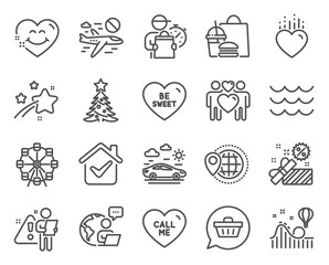 Holidays icons set. Included icon as Christmas tree, Roller coaster, Heart signs. Call me, Waves, Ferris wheel symbols. Love couple, Cancel flight, Be sweet. Car travel, World travel, Sale. Vector