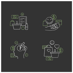 Mindful spendings chalk icons set. Conscious consumption, shopaholism, sales, green thinking.Buying fewer.Isolated vector illustration on chalkboard