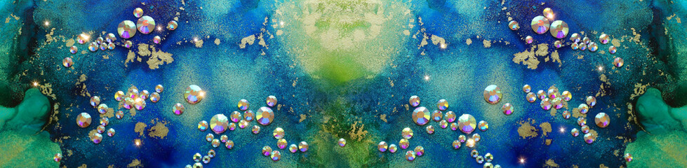 Obraz na płótnie Canvas art photography of abstract fluid art painting with alcohol ink blue, green, gold colors and crystal rhinestones