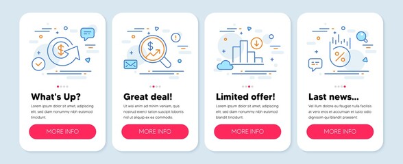 Set of Finance icons, such as Dollar exchange, Decreasing graph, Currency audit symbols. Mobile screen app banners. Loan percent line icons. Money refund, Crisis chart, Money chart. Discount. Vector