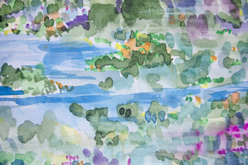 Fototapeta na wymiar Summer field background. Landscape with pond. River watercolor painting. Flowering meadows in fog.