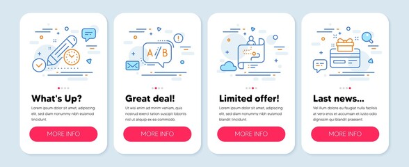 Set of Technology icons, such as Ab testing, Project deadline, Journey path symbols. Mobile screen app banners. Loyalty card line icons. Test chat, Time management, Project process. Vector