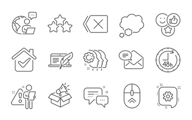 Like, 48 hours and Ranking stars line icons set. Employees messenger, Cogwheel and Copyright laptop signs. Talk bubble, Employees teamwork and Megaphone box symbols. Line icons set. Vector
