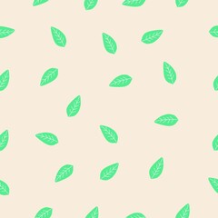 Seamless Repeat Pattern of green  leaves on creamy white background
