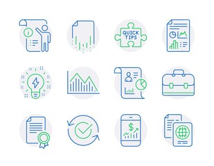 Education icons set. Included icon as Report document, Inspiration, Certificate signs. Report, Investment graph, Mobile finance symbols. Recovery file, Approved, Quick tips. Portfolio. Vector