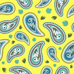 Vector seamless paisley light blue floral unusual geometric patterns on yellow background