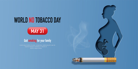 World No Tobacco day, banner design, pregnant mother with baby and cigarette, paper illustration, and 3d paper.