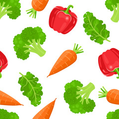 Cartoon vegetables seamless pattern. Vector broccoli and kale cabbage, red bell pepper and orange carrot. Flat style. Healthy food background.