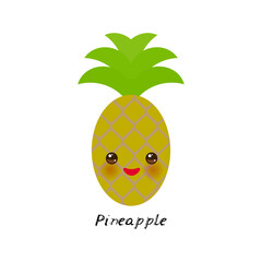 cute Kawaii pineapple with eyes and pink cheeks, isolated on white background trend of the season. Can be used for cards for children learning words, food packaging. Vector